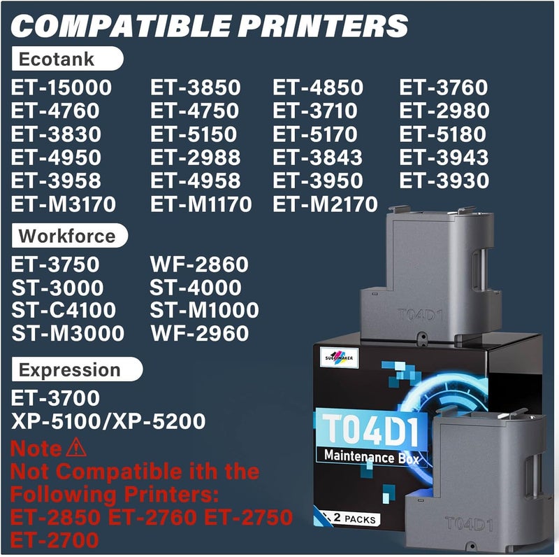SUBLIMAKER T04D1 T04D100 Ink Maintenance Box for EcoTank ET-15000 ET-3760 ET-3850 ET-4850 ET-4760 ET-3750 ET-4750 ET-3830 ET-2980 ET-3950 ET-4950 ET-5150 ET15000 ET3760 ET3850 ET4750 Printer, TO4D1/04D1/2 Packs - Image 3